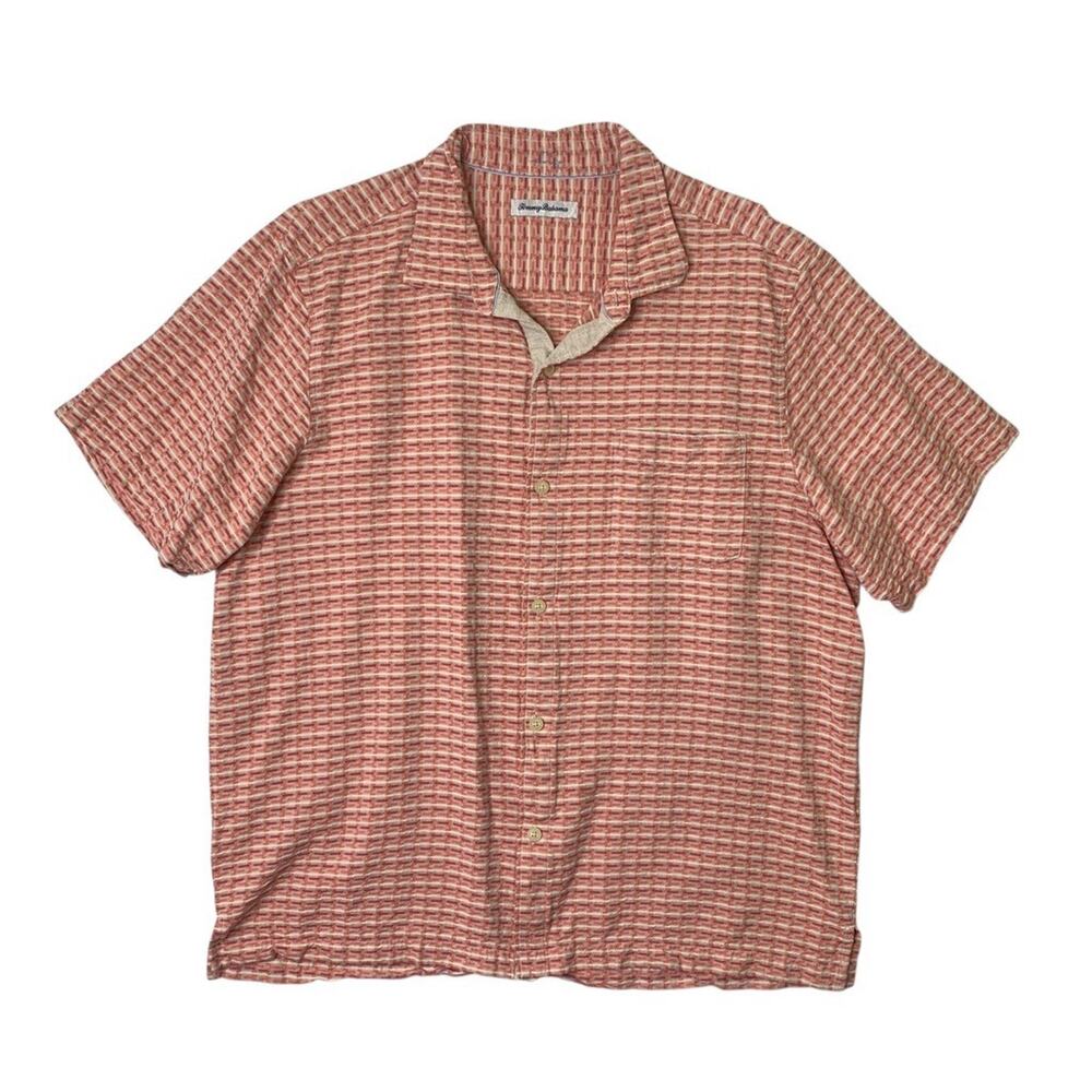 Tommy Bahama Shirt Mens XL Salmon Silk Geovanni Geo Short Sleeve Button Up Camp